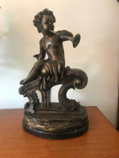 Large Pair Bronze Cherub Musicians On Black Marble Plinths cherubs Bronzes Silver Metals 5