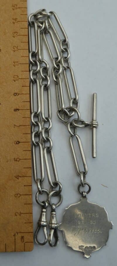 Silver Double Albert Watch Chain Rare Trombone Links & Silver Gold Shield Fob - Image 6