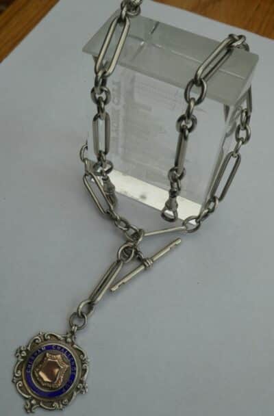 Silver Double Albert Watch Chain Rare Trombone Links & Silver Gold Shield Fob - Image 2