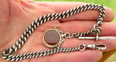 Bloodstone Silver Fob With Solid Silver Pocket Watch Chain T-bar & Lobster Clip Circa 1906 Antique Silver Antique Bracelets 4