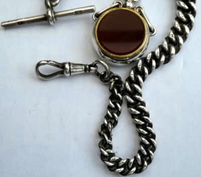 Bloodstone Silver Fob With Solid Silver Pocket Watch Chain T-bar & Lobster Clip Circa 1906 Antique Silver Antique Bracelets 5