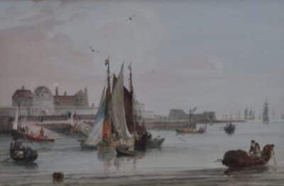 Samuel Owen, signed watercolour, boats off a jetty