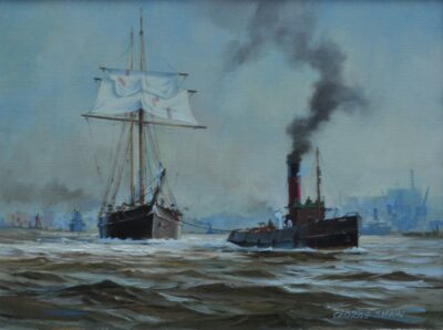 George Shaw (1929-1989), Topsail Schooner coming to Cherry Garden Pier, Rotherhithe, signed oil on canvas Antique Art 3