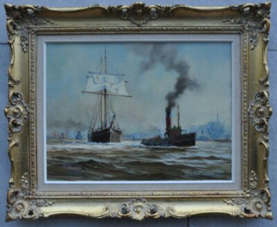 George Shaw (1929-1989), Topsail Schooner coming to Cherry Garden Pier, Rotherhithe, signed oil on canvas Antique Art 4