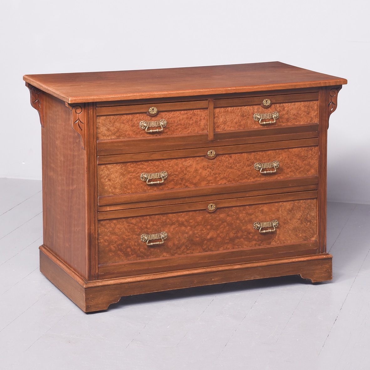 Unusual birds eye maple and walnut neat-sized Arts and Crafts chest of drawers Antique chest of drawers Scotland Antique Chest Of Drawers