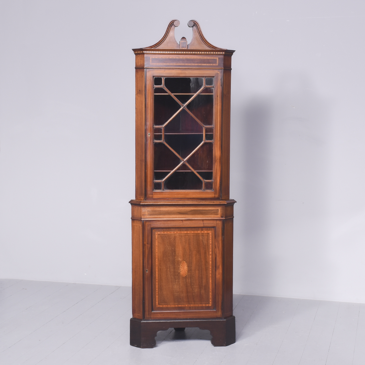 Sheraton Style Two-Part Inlaid Corner Cabinet Antique Cabinets