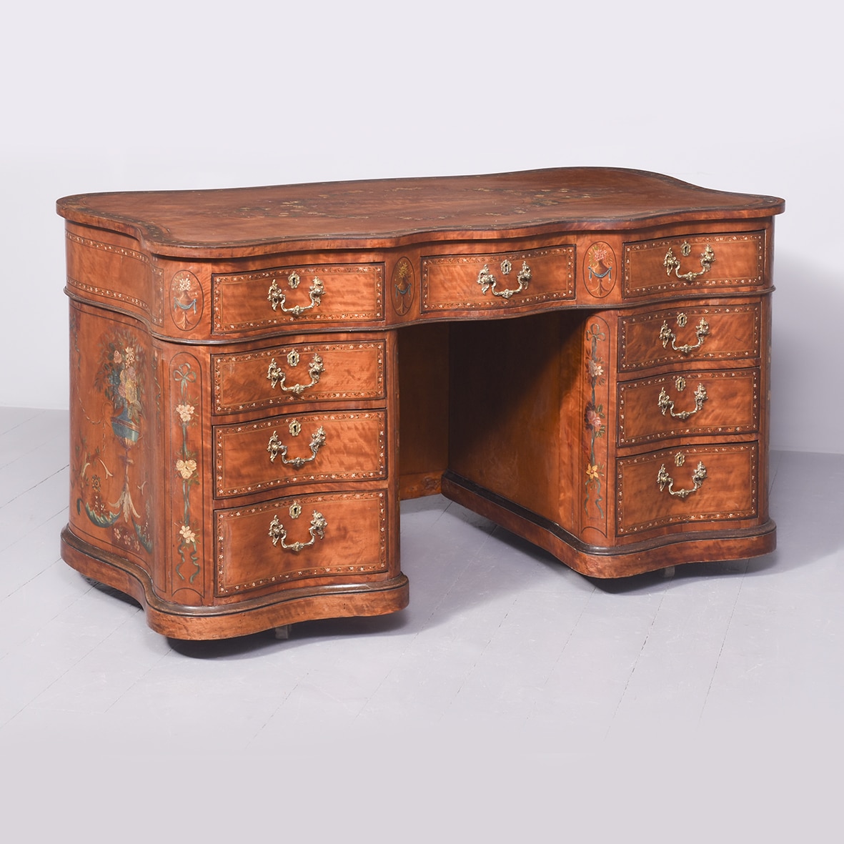 Rare Hand-Decorated Free-Standing 19th Century Satinwood Knee-Hole Desk Antique desk Antique Desks
