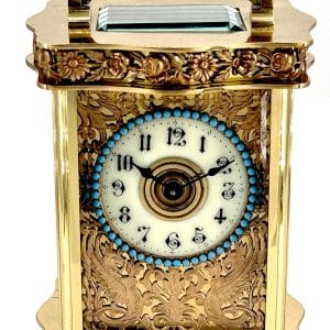 Rare Foliate Antique French 8-Day Carriage Clock C1900 – With enamel bead rim dial carriage clock Antique Clocks