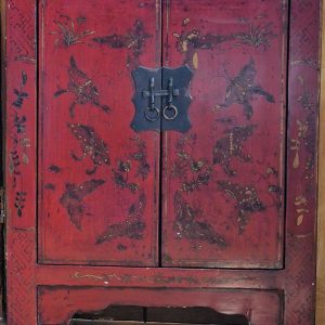Chinese Qing Dynasty 19th C. Red Lacquer Cabinet Butterfly Decor 19th century Antique Cabinets