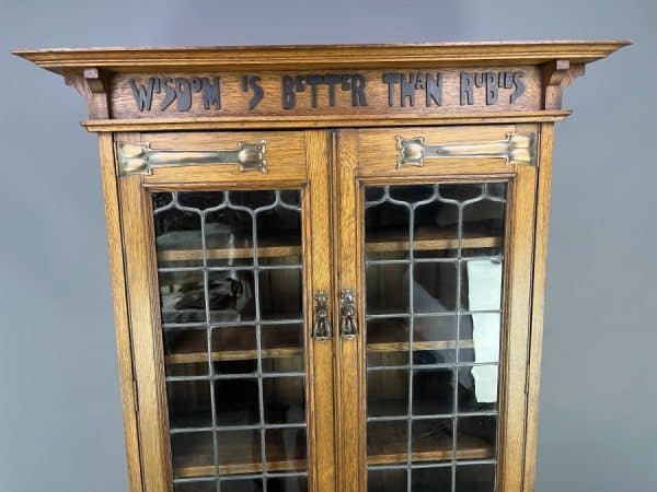 Arts & Crafts Oak Glazed Motto Bookcase c1900 bookcase Antique Bookcases 13