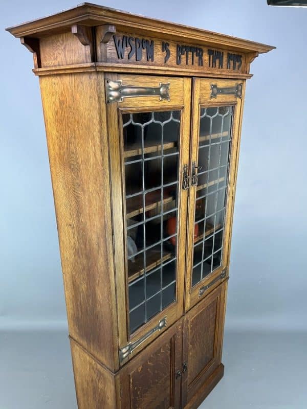 Arts & Crafts Oak Glazed Motto Bookcase c1900 bookcase Antique Bookcases 9