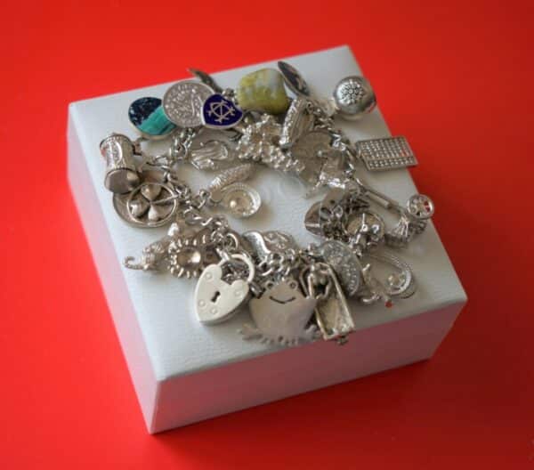 SALE – A Vintage 1963 Heavy Silver Charm Bracelet With 38 Silver Charms – Ideal Birthday Present / Boxed A.J. Bailey Antique Jewellery 6