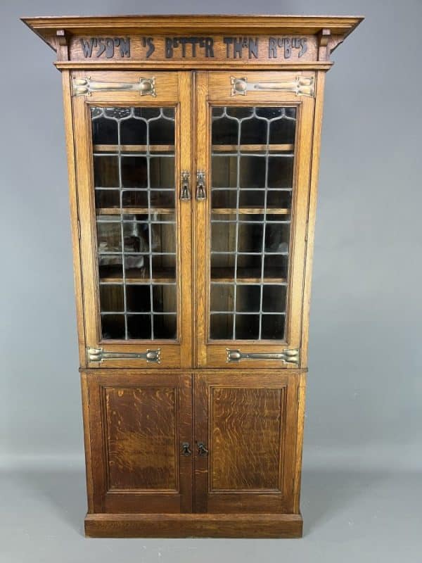 Arts & Crafts Oak Glazed Motto Bookcase c1900 bookcase Antique Bookcases 3