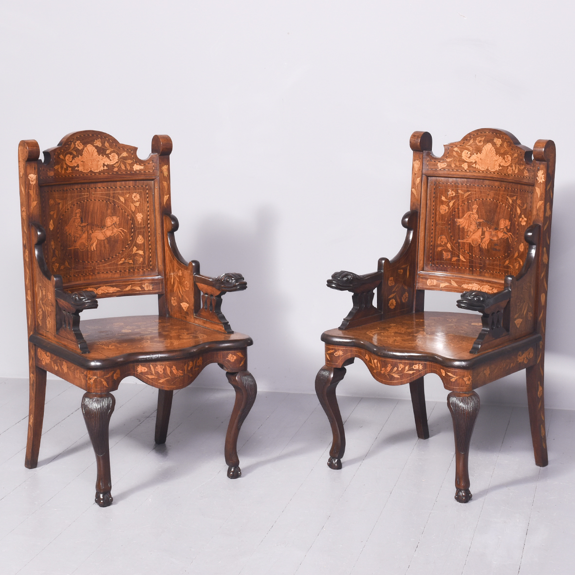 Pair of Dutch Marquetry Armchairs Antique Chairs
