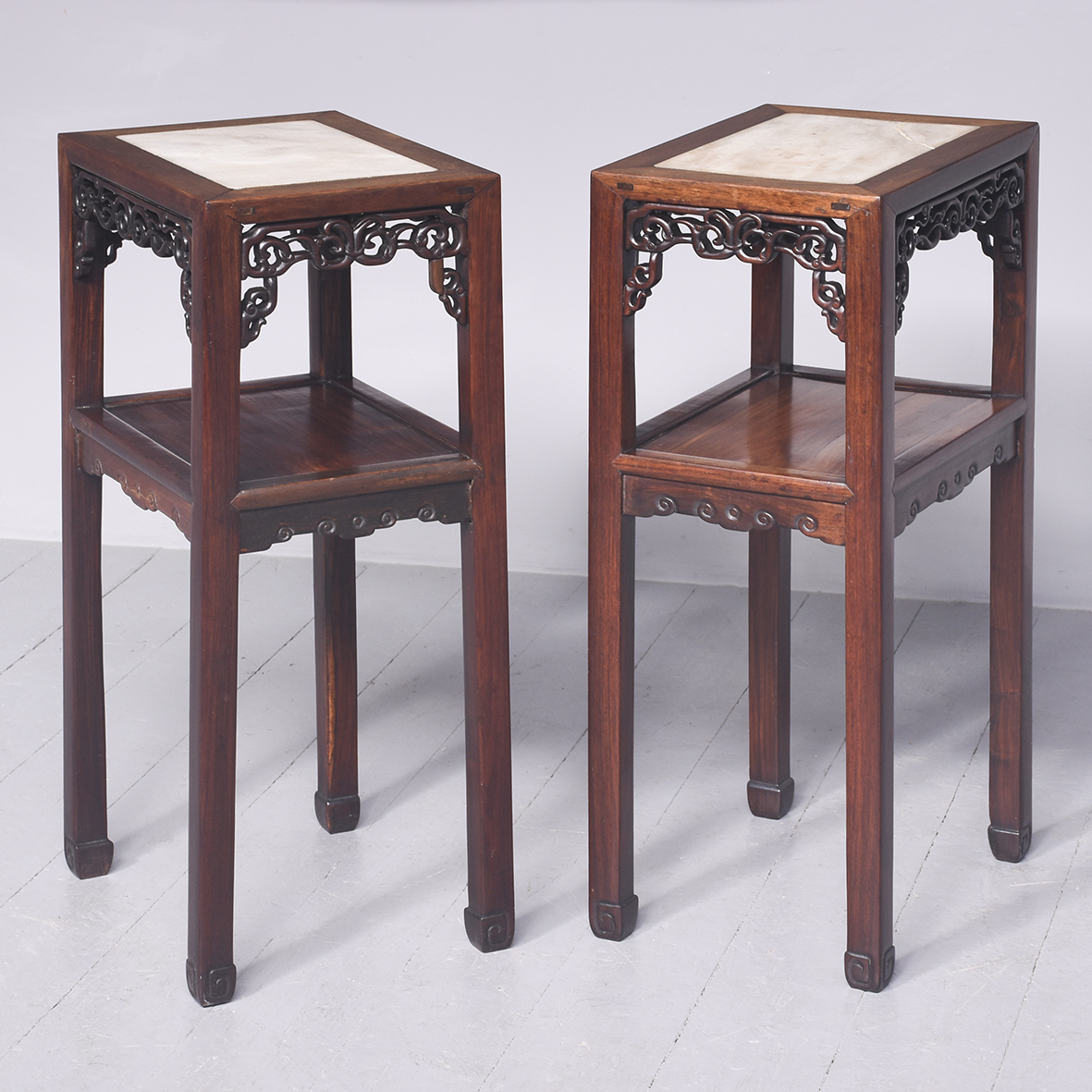 Pair of Hongmu Marble Inset Chinese Lampstands or Side Tables 19th century Antique Tables