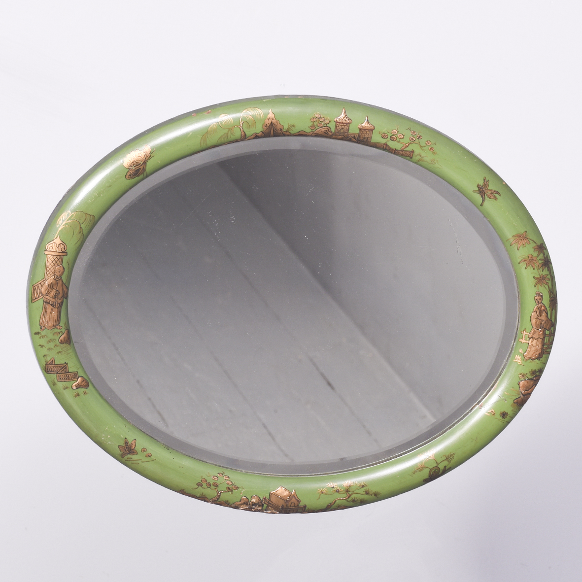 Decorative Green and Gilt Painted Chinoiserie Bevel-Edged Mirror of Neat Size Antique Mirrors 3
