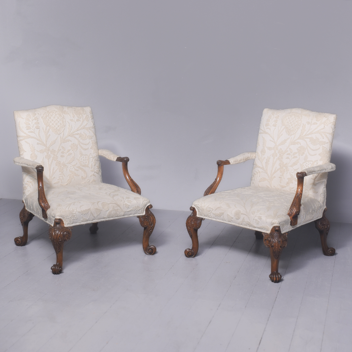 An Impressive Pair of Carved Mahogany Chippendale-Design, Gainsborough Style Armchairs Antique Chairs