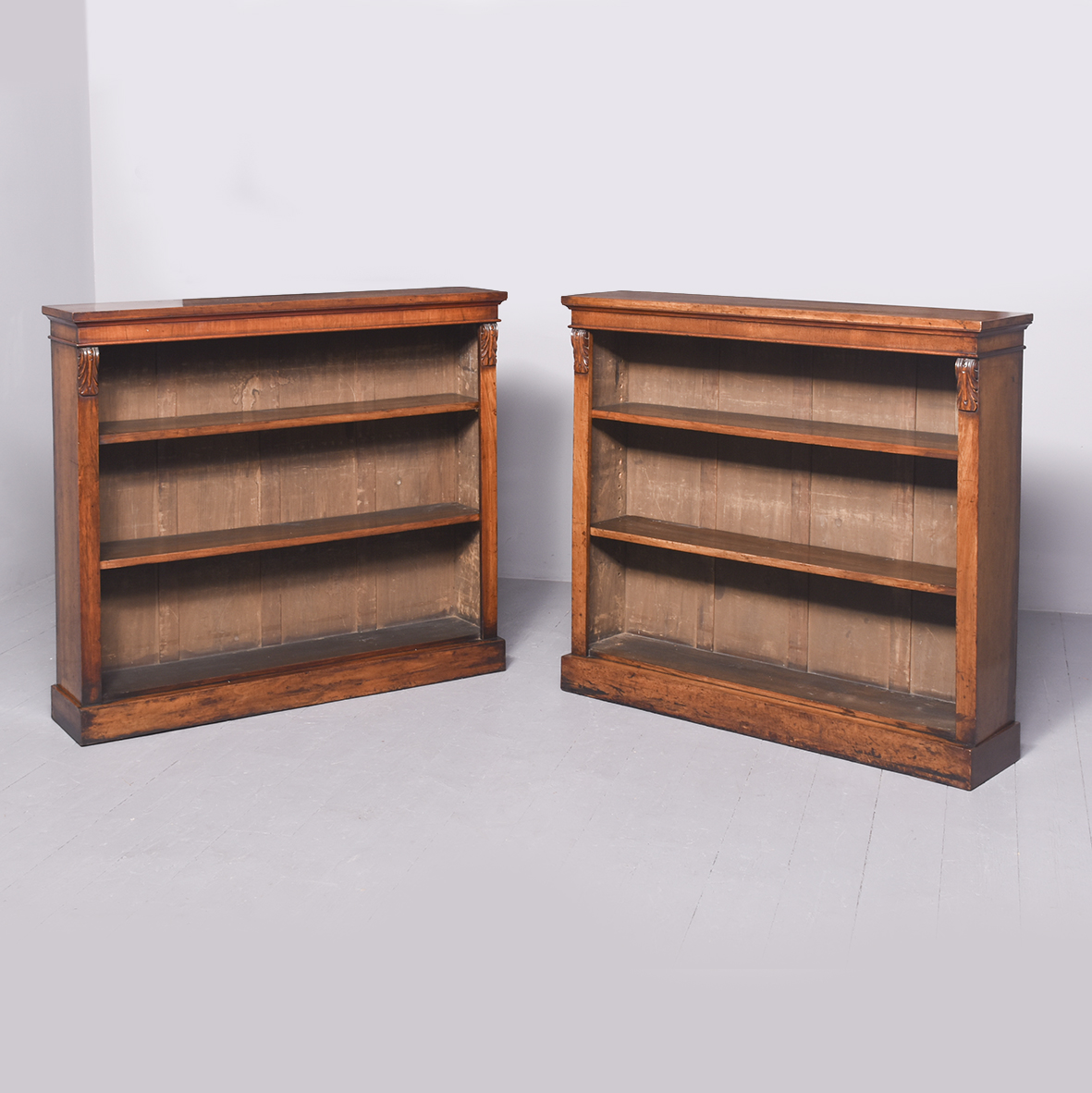 Rare Pair of Original Victorian Figured Walnut Open Bookcases Antique Bookcases
