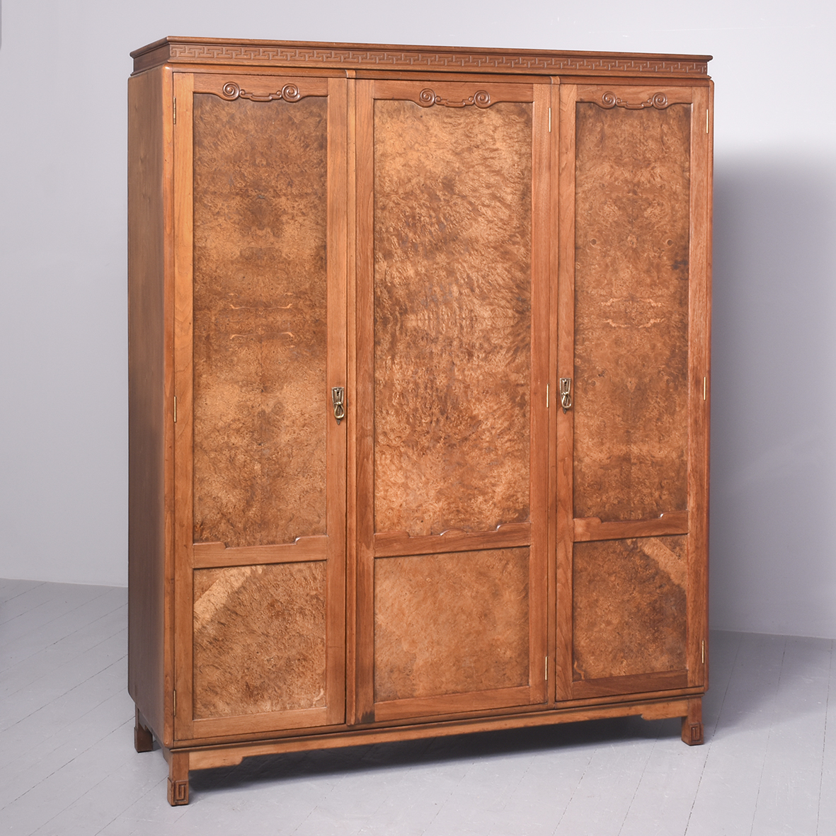 Three Door Art Deco Influence Burr Walnut Wardrobe by Famous Cabinetmakers Wylie & Lochhead of Glasgow Antique Furniture