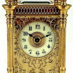 Fabulous Ornate Masked dial Carriage Clock – French 8-Day Carriage Clock C1900 carriage clock Antique Clocks