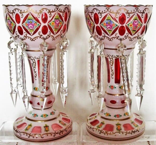 Garniture of Bohemian Overlay and Enamelled Glass Lustres and Vase - Image 5