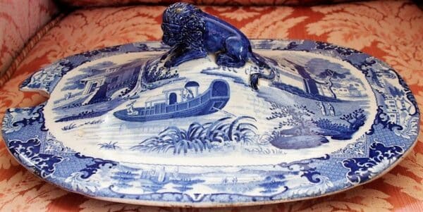 Antique English Georgian Blue and White Transfer Tureen Cover ~ “Canton River Scene” ~ Robert Hamilton of Stoke Antique Antique Ceramics 4