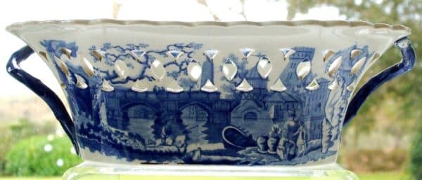 Antique English Georgian Blue and White Transfer Chestnut Basket ~ “River Scene with Fort” ~ James and Ralph Clews Antique Antique Ceramics 5