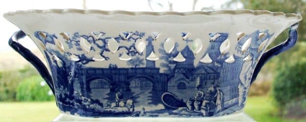 Antique English Georgian Blue and White Transfer Chestnut Basket ~ “River Scene with Fort” ~ James and Ralph Clews Antique Antique Ceramics 8