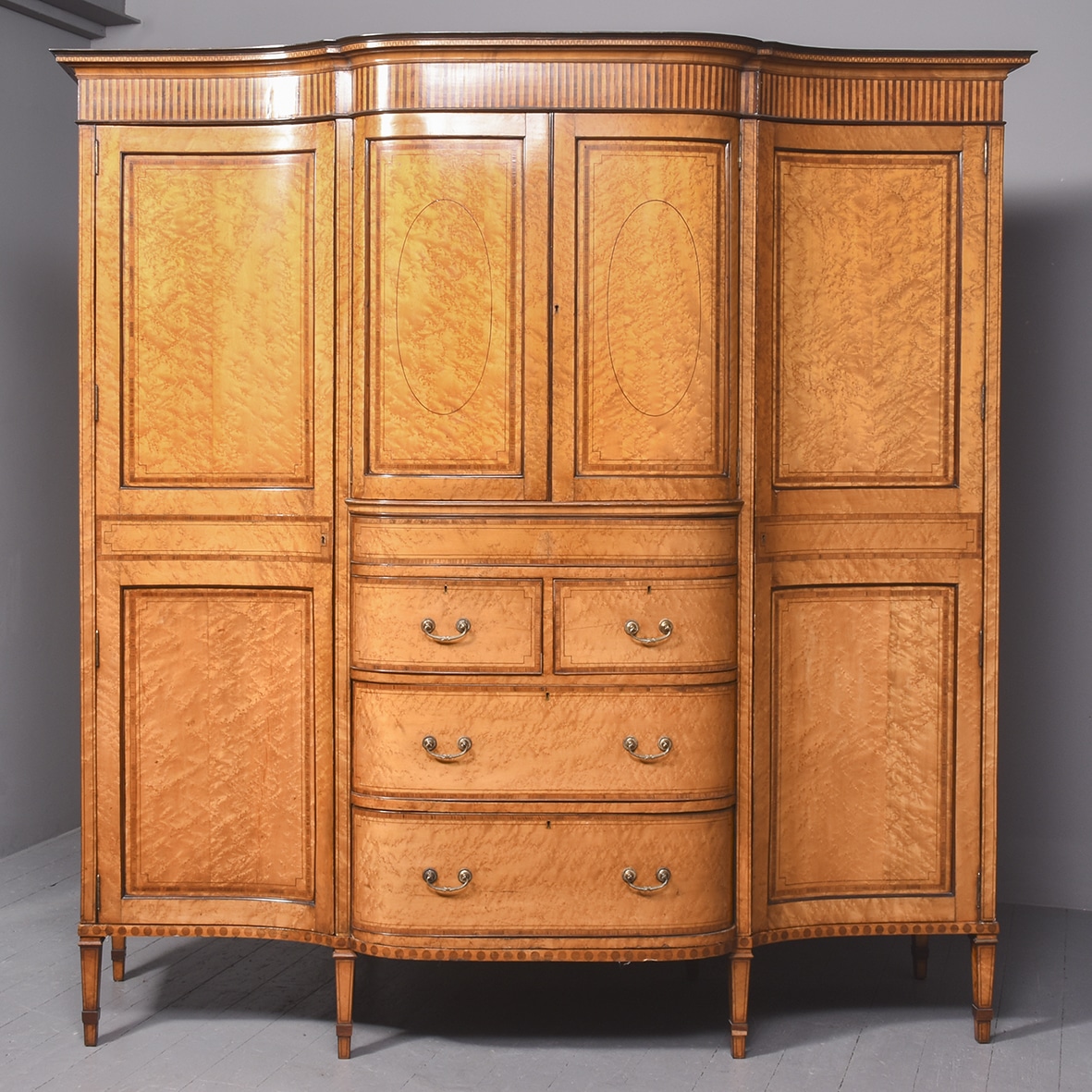 Exhibition Birds Eye Maple Serpentine Fronted Wardrobe Antique Furniture