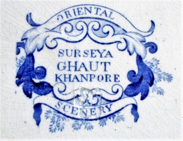 Antique English Georgian Blue and White Transfer Plate ~ “Surseya Ghaut Khanpore” ~ “Oriental Scenery Cartouche” Series Antique Antique Ceramics 5