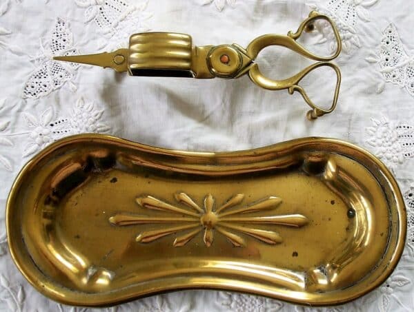 Pair of Antique English Victorian Art Nouveau Brass Candle Snuffers with Tray Antique Antique Metals 4