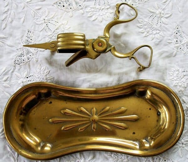 Pair AN Brass Candle Snuffers and Tray