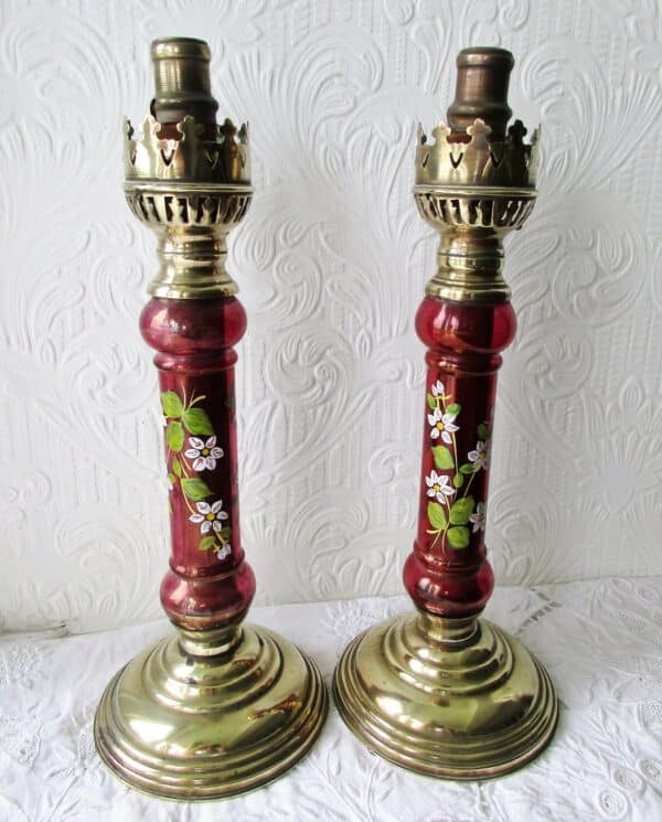 Pair of Antique English Victorian Brass and Glass Candle-lamps - Image 8