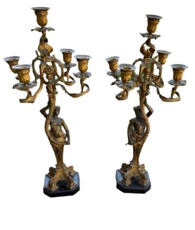 Antique a Pair Baroque Bronze Candelstick Antique Furniture 3