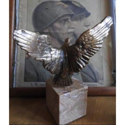 WW2 Italian Bronze Eagle Statue With Mussolini’s Silver Medal Antique Sculptures 5