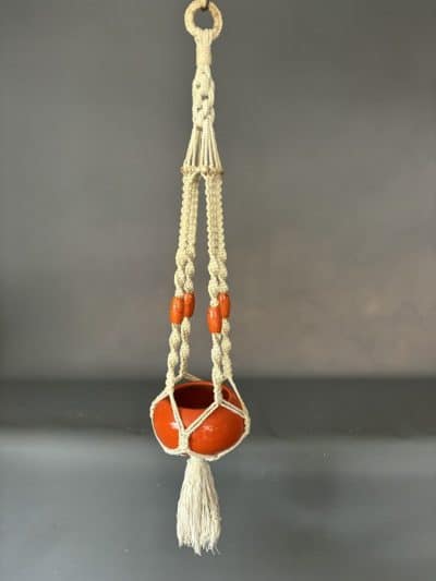 Mid Century Macrame Hanging Planter ceramic bowl Antique Ceramics 3