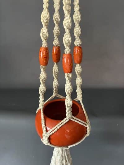 Mid Century Macrame Hanging Planter ceramic bowl Antique Ceramics 9