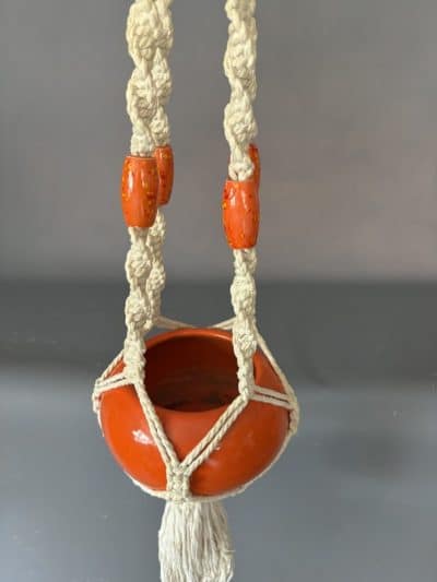 Mid Century Macrame Hanging Planter ceramic bowl Antique Ceramics 7