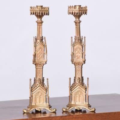 Pair of Gilded Pugin Style Gothic Candlesticks of Architectural Form Antique Lighting 3