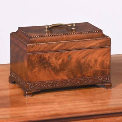 George III Flame Mahogany, Parquetry Inlaid Tea Caddy of Casket Form