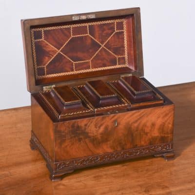 George III Flame Mahogany, Parquetry Inlaid Tea Caddy of Casket Form Antique Boxes 8