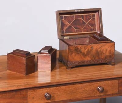 George III Flame Mahogany, Parquetry Inlaid Tea Caddy of Casket Form Antique Boxes 9