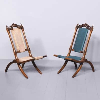 Rare Pair of Folding Victorian Gothic Influenced Carved Walnut Drawing Room Chairs Antique Chairs 3