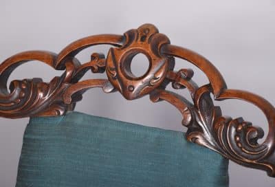 Rare Pair of Folding Victorian Gothic Influenced Carved Walnut Drawing Room Chairs Antique Chairs 7