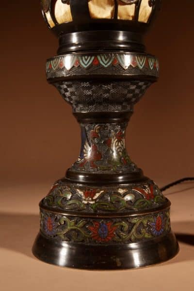 A Rare And Very Decorative Japanese Bronze Champlevé Table Lamp. Japanese Antique Lighting 7