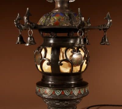 A Rare And Very Decorative Japanese Bronze Champlevé Table Lamp. Japanese Antique Lighting 8