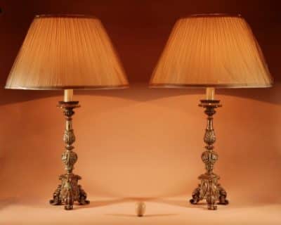 Interesting Pair Of Italian Carved Wood With Original Polychrome Table Lamps. 18th century Antique Lighting 3