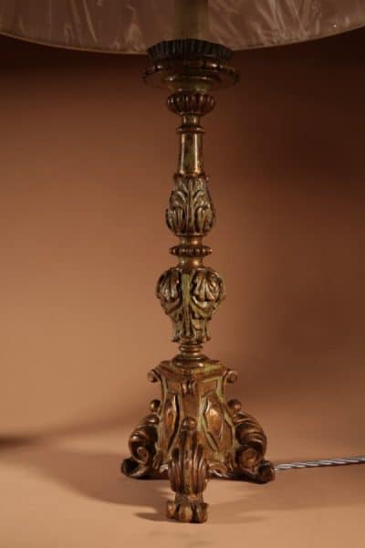 Interesting Pair Of Italian Carved Wood With Original Polychrome Table Lamps. 18th century Antique Lighting 4