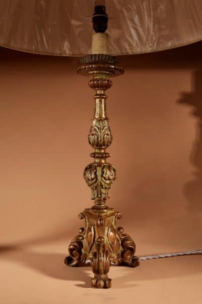 Interesting Pair Of Italian Carved Wood With Original Polychrome Table Lamps. 18th century Antique Lighting 5