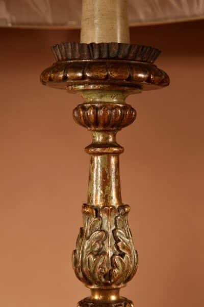 Interesting Pair Of Italian Carved Wood With Original Polychrome Table Lamps. 18th century Antique Lighting 7